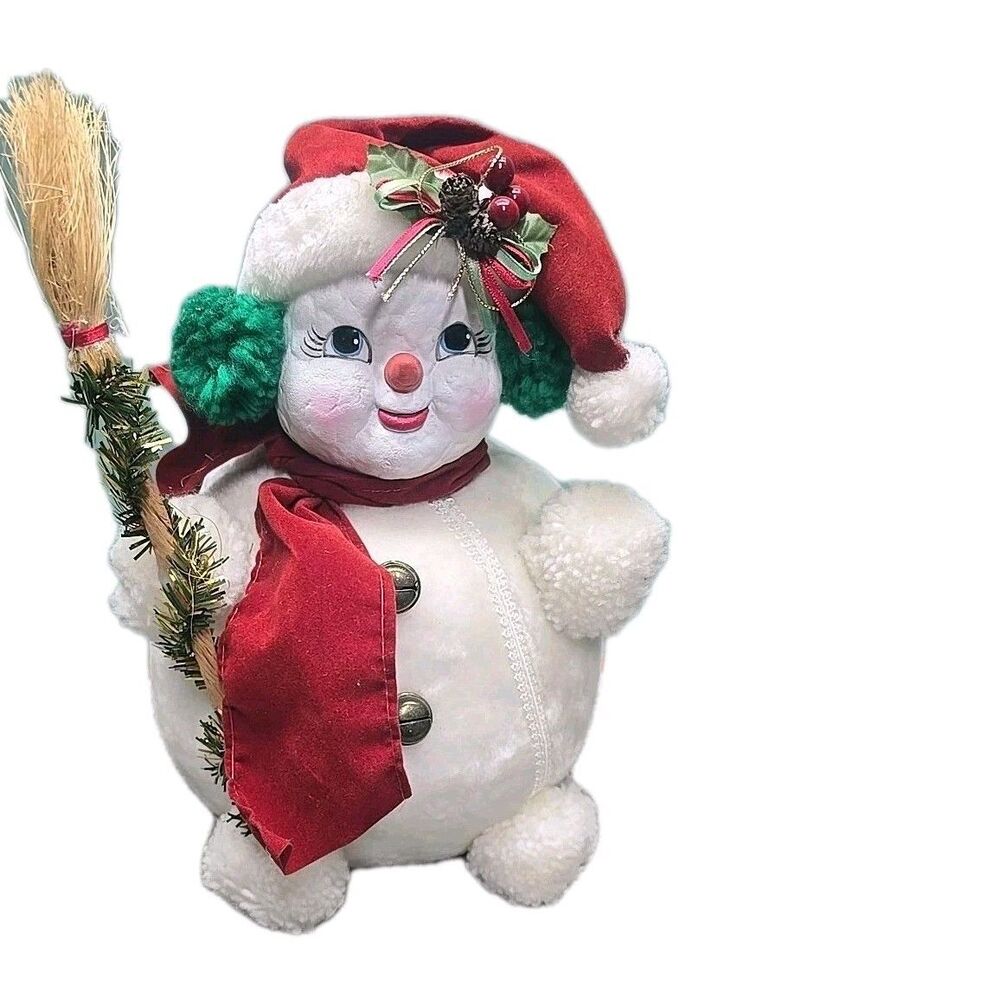 Short Stubby Cherub Stuffed Snowman Resin Face Red Hat Scarf 11" Christmas Decor